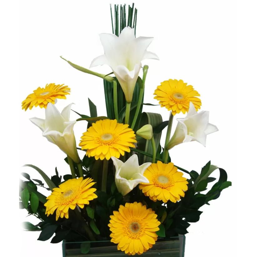 Lírios e Gérberas no vidro Arranjo Prosperidade