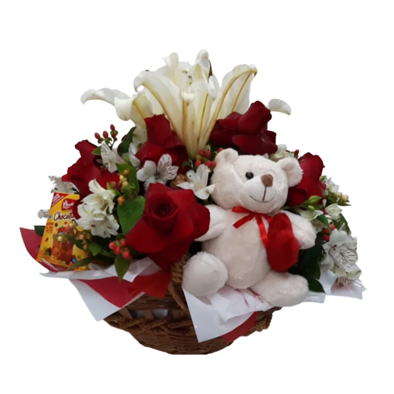 Linda e luxuosa Cesta Especial com Pelúcia, Rosas, Lírios e Chocotone. Torne o dia de alguém inesquecível com esse presente!