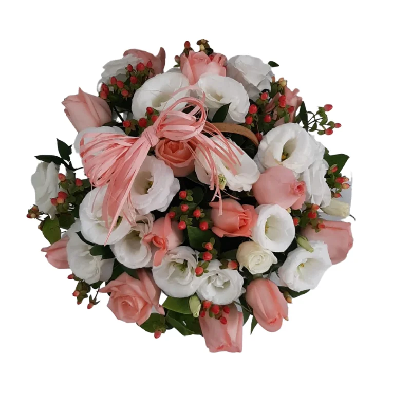 Cesta com Rosas e Lisianthus